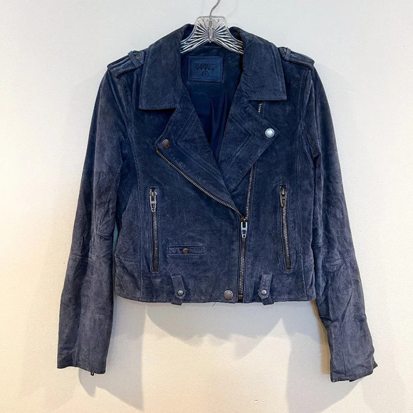 Blank NYC Navy 100% Leather Bohemian Preppy Slim Classic Short Moto Jacket Small - Picture 2 of 8